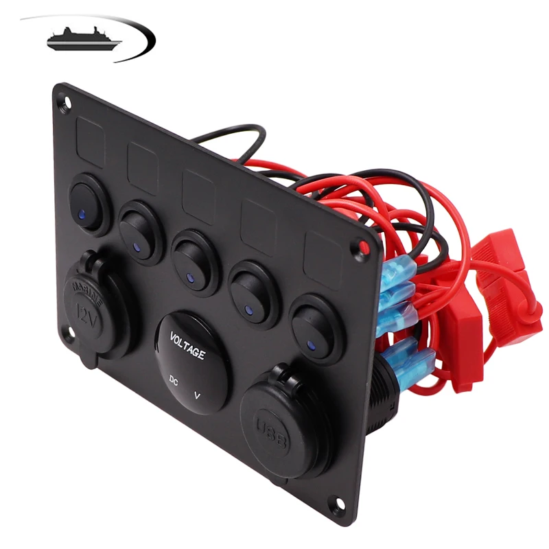 

Professional 5 Gang ON-OFF Toggle Switch Control Panel with Digital Voltmeter 2 USB Charger 12V for Car Marine Boat