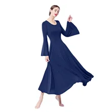2019 New Women Adults Plain Praise Dress Bell Long Sleeves Pleated Swing Long Dress Dancer Costume Ladies Ballroom Dancing Dress yellow pleated design plain cold shoulder long sleeves blouses