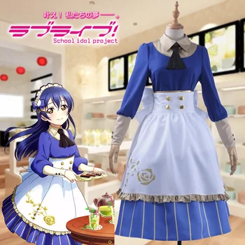 

Anime Love live Cosplay Tea Party Unawakened Sonoda Umi Cosplay Costume Maid Royal Blue Skirt Apron Hairpin Bow-Tie Stockings