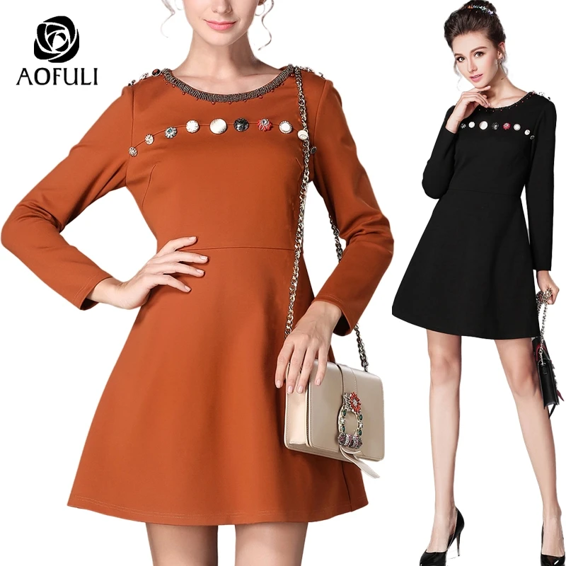 AOFULI S- 5XL Luxury Beaded Buttons Long Sleeve Dress Fall Winter Fashion Long Sleeve A-line Dress Ladies Big Size Clothes 5998