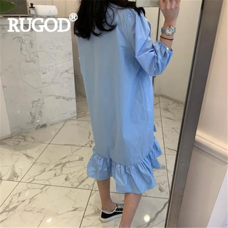 Женское свободное платье RUGOD однотонное до колена с оборками v образным вырезом и