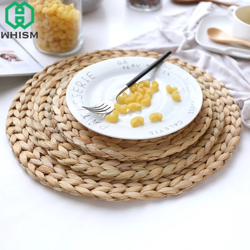 WHISM Rattan Placemats Straw Cup Coasters Dining Table Mat Heat Insulation Pot Holder Wicker Drink Coaster Kitchen Accessories
