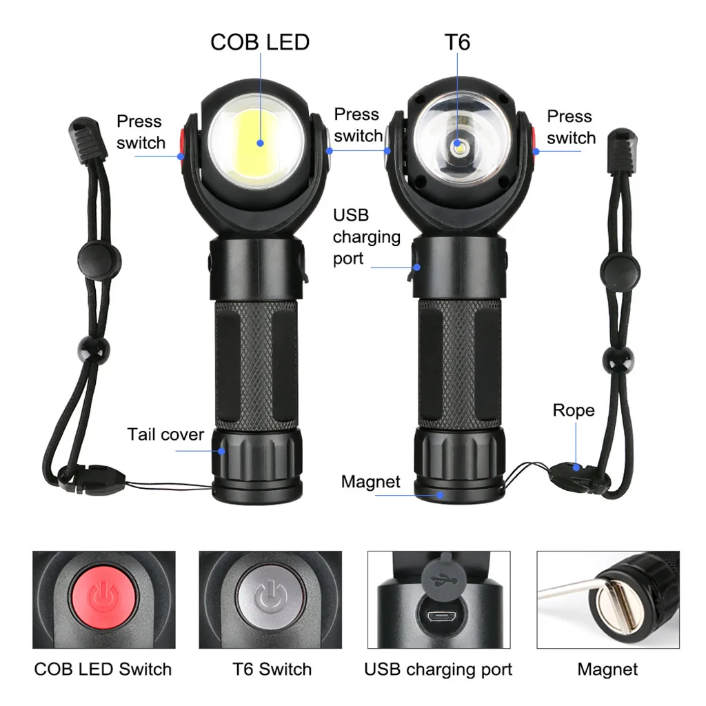 

outdoor tools Practical 360° Rotating Flashlight T6+COB LED Torch USB Charge Tail With Magnet high quality aluminum alloy#g35