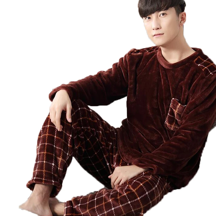 Мужская пижама, зимняя мужская пижама с О-образным вырезом и длинным рукавом, одежда для сна для мужчин, Толстая теплая Коралловая бархатная Пижама, Мужская домашняя одежда