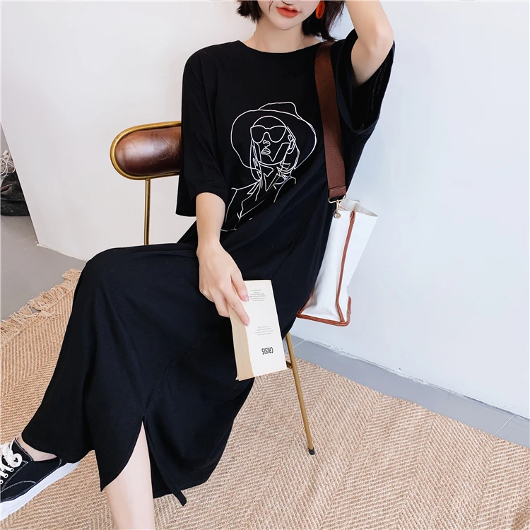 Fashion Cartoon Print Plus Size Summer Dress Cotton Casual O-Neck T-shirt Batwing Sleeve Women Dress Tops Vestidos De Fiesta