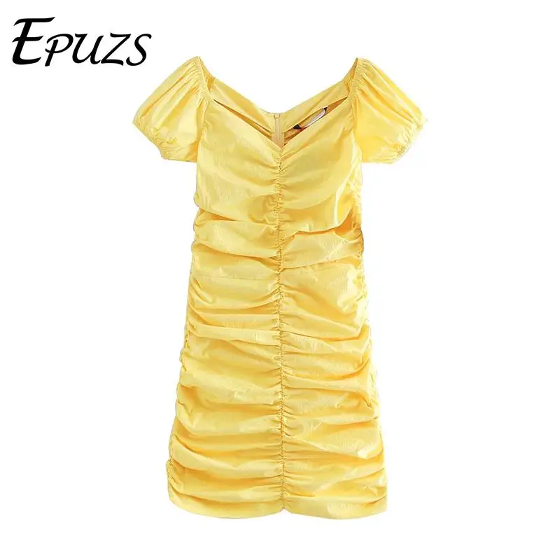 

Vintage ruffles yellow bodycon dress women Summer 2019 Sexy short sleeve mini dress Casual beach party dress elegant vestidos