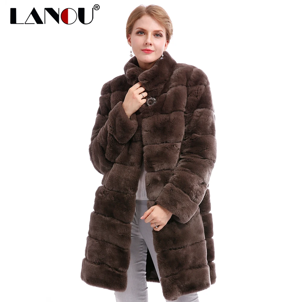 100 Real Rex Rabbit Coat for Women 90 CM Long Solid Whole Skin Fur
