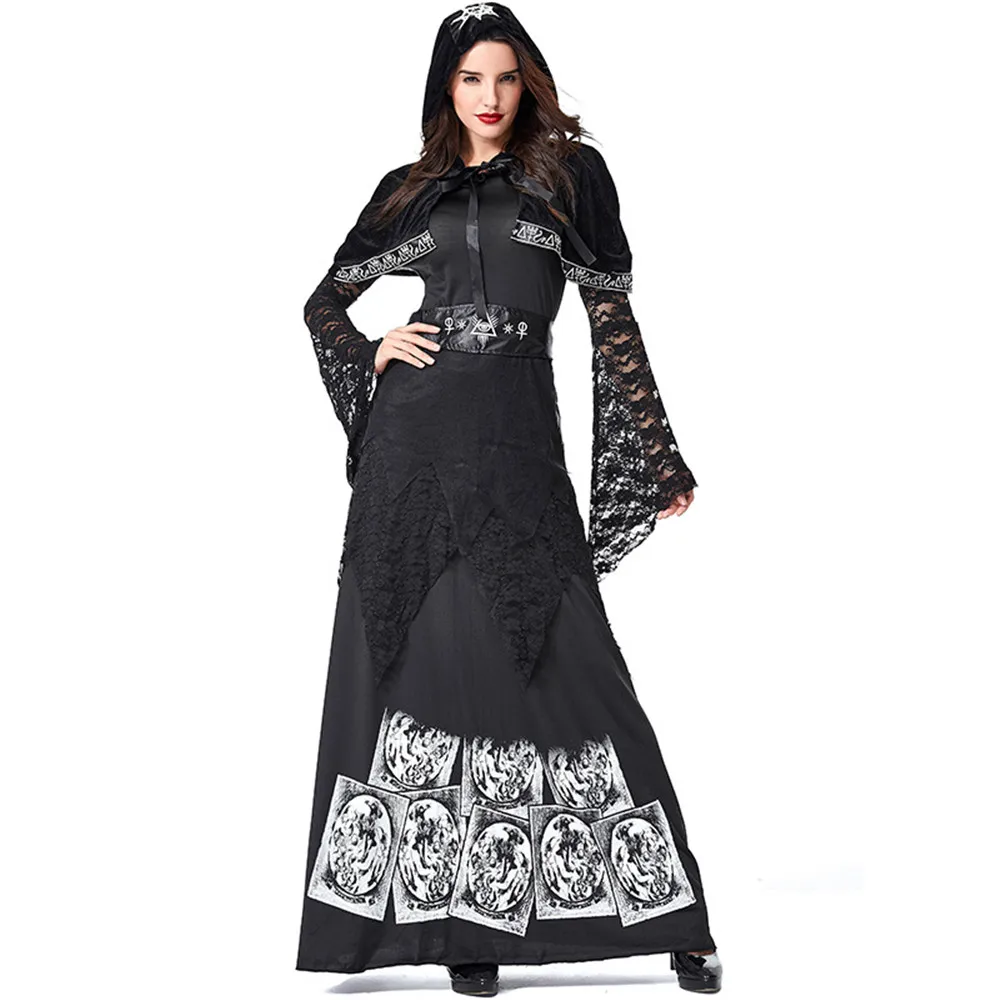 Одежда с длинным рукавом черная магия волшебница в готическом стиле, нарядное платье Косплэй ведьмы костюм сексуальный, для взрослых костюмы на Хэллоуин для Для женщин