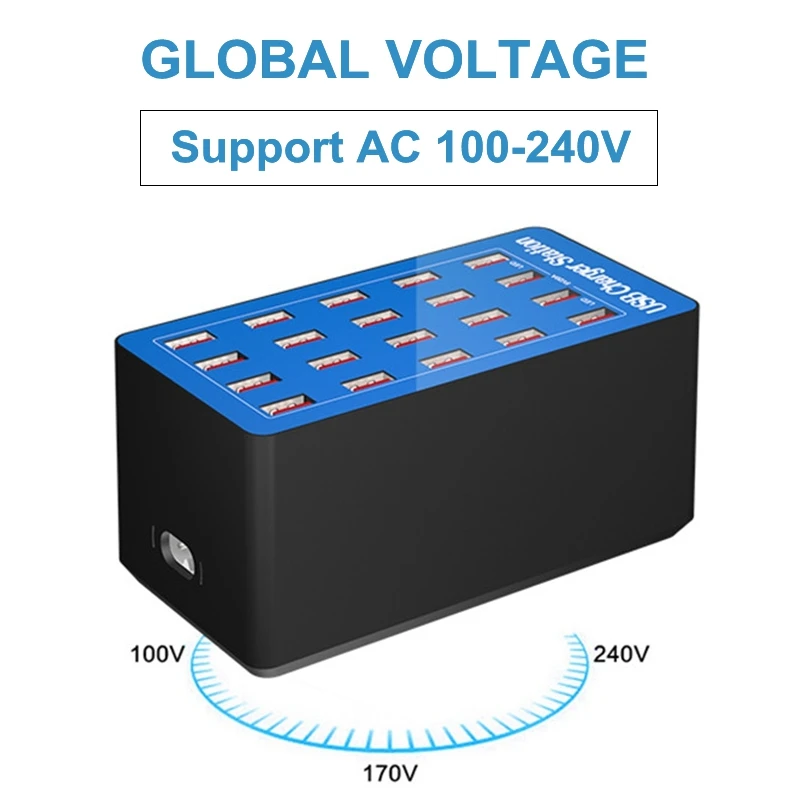 

7/10/20/40 Ports USB Charger Adapter Dock 100-240V 200W Smart Multi Port Desktop Phone Charging Station with Power LED Indicator