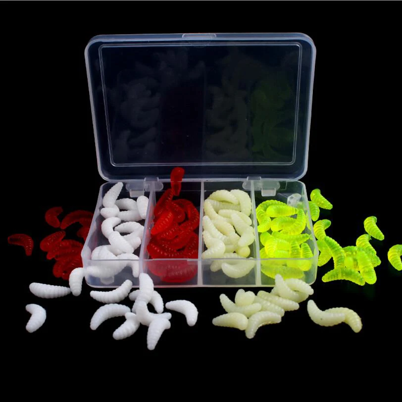 

100PCS/set 2cm 0.3g 4 Colour maggot Grub Soft Lure Baits smell Worms Glow Shrimps Fishing Lures Set