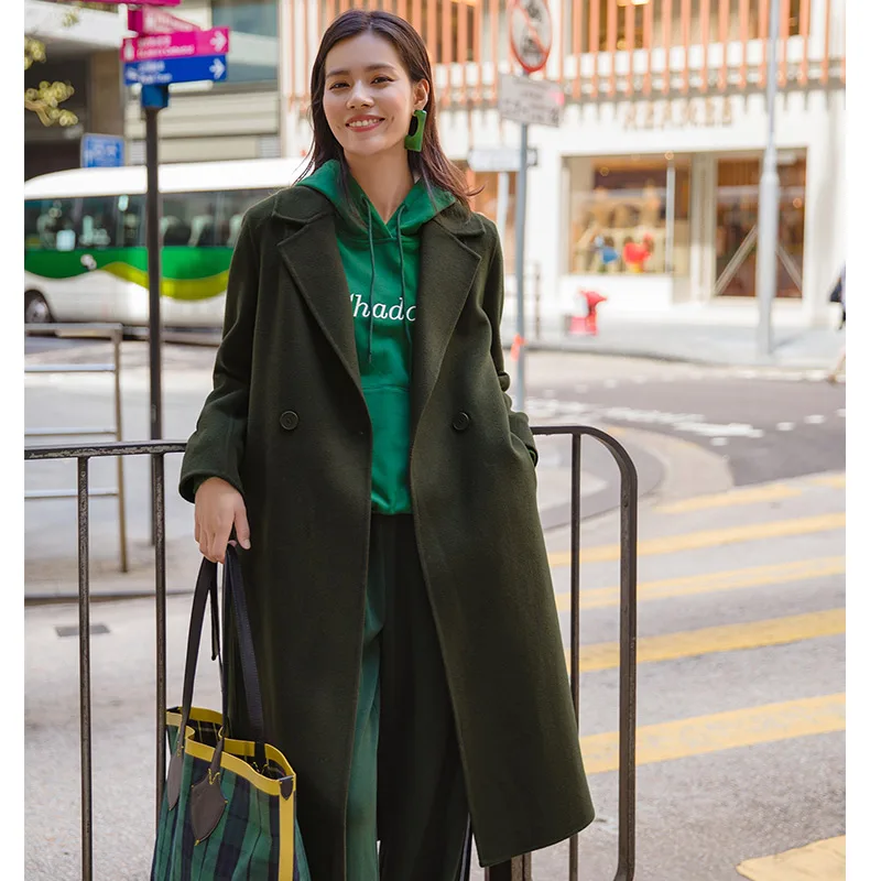 

INMAN Turn Down Collar Causal Single Button Adjustable Waist Women Long 100% Wool Coat