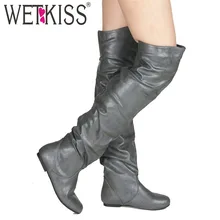 WETKISS/ботфорты женские эластичные сапоги из Pu искусственной кожи женская обувь с круглым носком обувь на плоской подошве в сдержанном стиле Осень-зима размера плюс 34-48