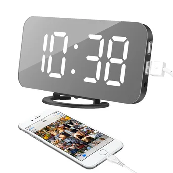 

Dual USB Port Mirror Digital LED Display Alarm Clock Snooze Function Power Bank Charging Electronic Table Clocks Home Decor