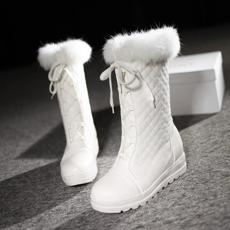Brand White Snow Boots Women Cross Tie Plaid Designer Boots Platform