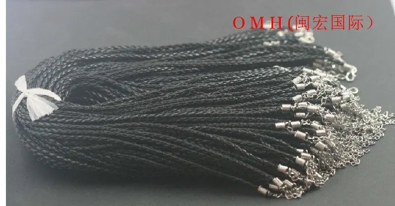 

OMH wholesale 5pcs 2mm black twist leather cord necklace and metal lobster clasp, extend chain 46cm