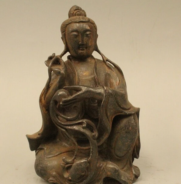 

wholesale factory 6" Chinese Buddhism Bronze Kwan-yin Guan Yin Goddess cyprinoid Statue Sculpture