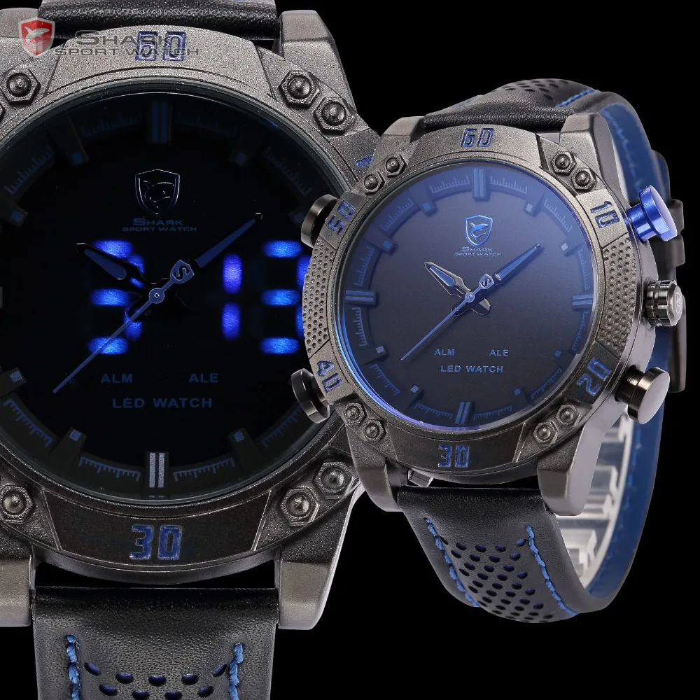 Shark Sport Watch LED Brand Auto Date Alarm Black Blue Dual Time Leather Band Military Quartz Men Digital Clock / SH265