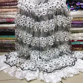 

2019 Hot Sale Gold Line 3D Flowers Lace Fabric African Handmade Beaded Lace Fabric With stones Nigerian French Tulle Lace Fabric