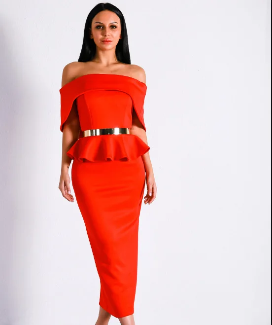 

2019 Sexy Off Shoulder Evening Party Dresses Female Bodycon Dress Ruffle Slash Neck Red Split Dress