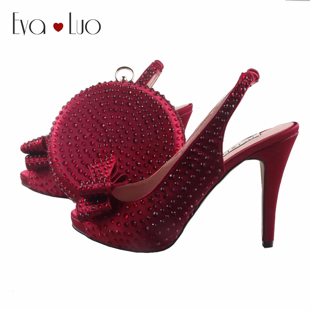 

BS871 Custom Made Winered Burgundy Crystal Bow African Women Shoes with Matching Bag Set Slingbacks Bridal Wedding Shoes
