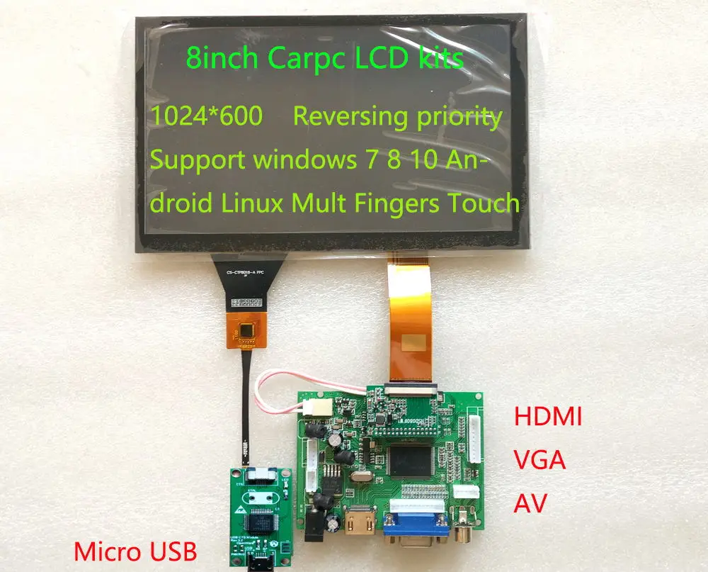 CARPC Kit 8 '1024 600 ЖК высокая яркость WIN7 WIN8 WIN10 Android емкостный сенсорный экран HDMI+ VGA+ 2AV Реверсивный приоритет - Цвет: LCD Touch Kit B