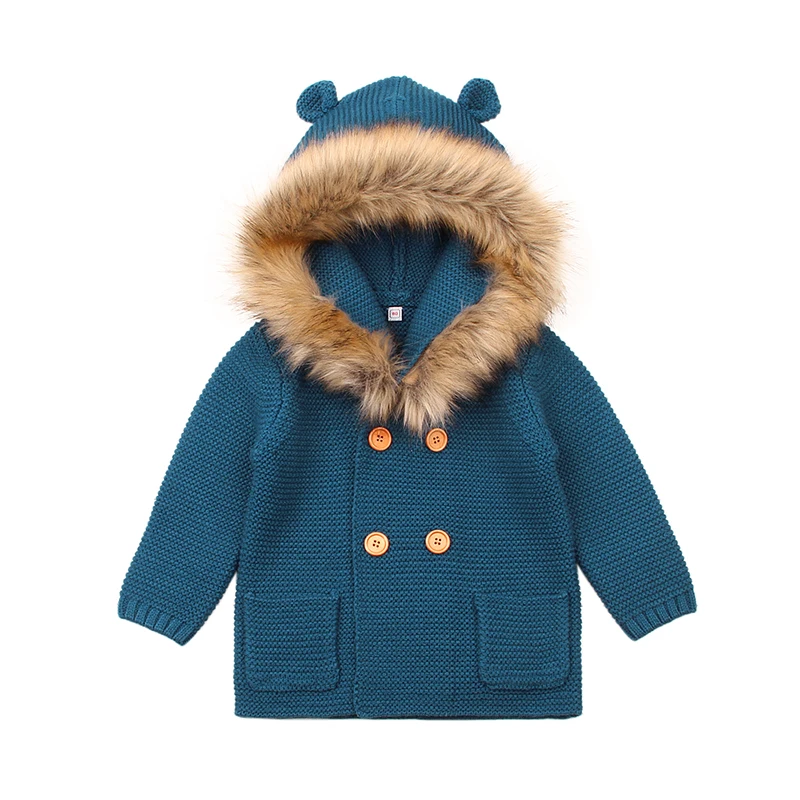 Зимний теплый свитер для новорожденных, вязаный кардиган серого цвета со съемным меховым капюшоном для маленьких мальчиков и девочек, Детская осенняя верхняя одежда, вязаная одежда для детей 0-24 месяцев
