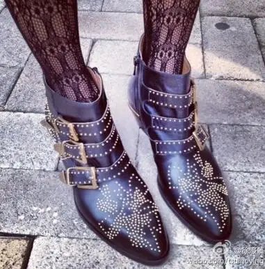 

Eunice Choo Rivets Studded Buckle Straps Square Heel Black Ankle Boots Belt Decor Motorcycle Boots Genuine Leather Shoes Women