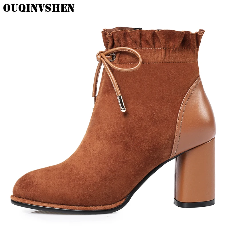 

OUQINVSHEN Pleated Pointed Toe Boots Fashion Cross tied Women Ankle Boots Zipper Black High Heels Ladies Girl Square heel Boots