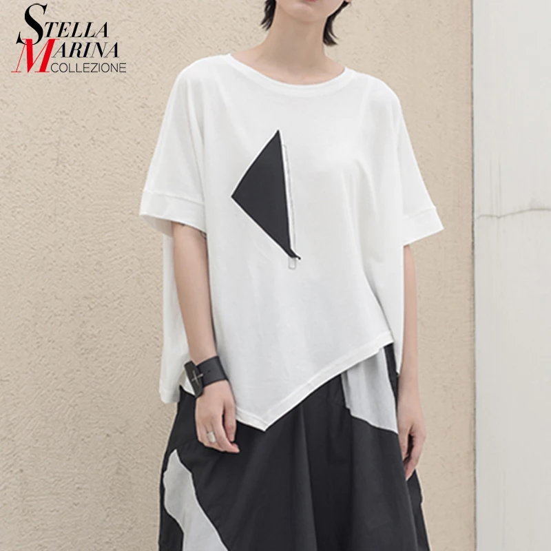 

New 2019 Korean Style Women Plus Size White Tee Top Irregular T-shirt With Black Patches Stitched Ladies Oversized Tshirt J629