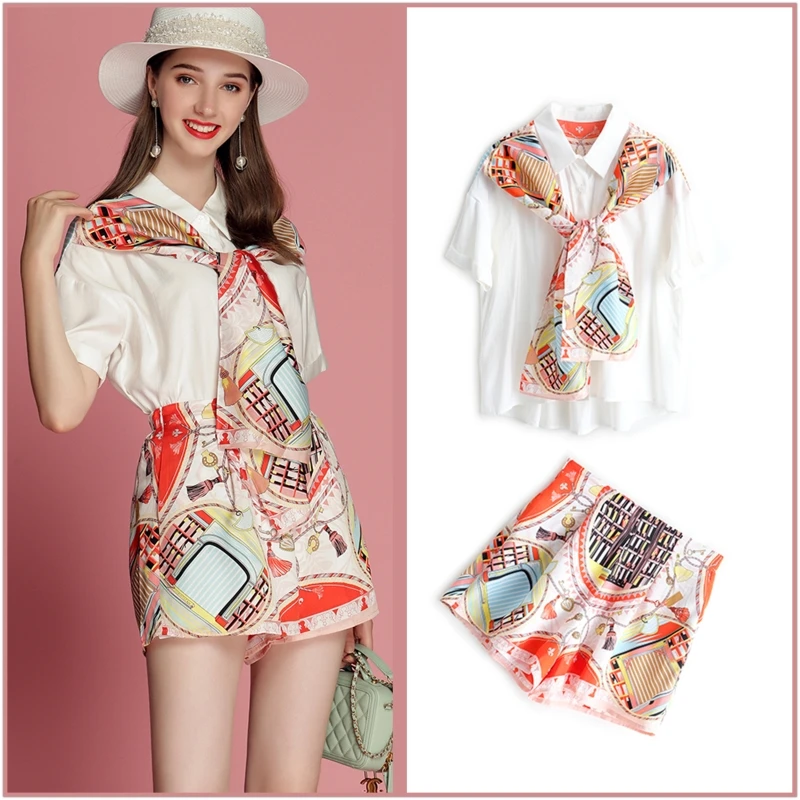 

Fashion Summer OL Styles Women Printing Scarves Patchwork Shirts Blouses And Printing Pants Suits Two Piece Set Women SL447
