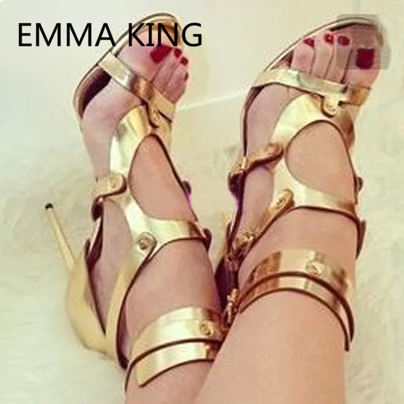 

2019 Summer Hollow Women's Gladiator Sandals Open Toe Buckle Strap Sexy Gold High Heels Ladies Gothic Shoes Woman Roman Sandals