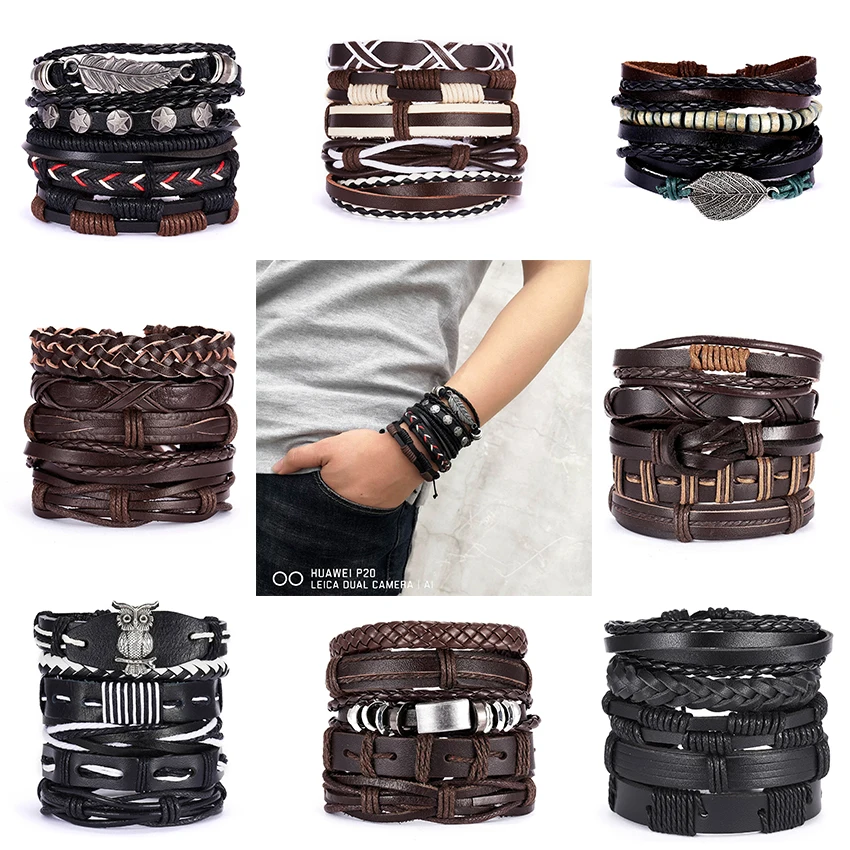 

Trendy Hot 5PC Men Bohemian Multilayer Leather Bracelets Handmade Braided Leaf Star Rope Wrap Bracelets Male Fashion Beach Gifts