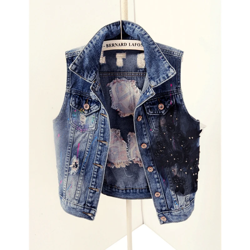 

Sleeveless Jacket Women Denim Vest Women Waistcoat Fashion Flower Beading Holes Jeans Vest Spring Big size Slim Short Coat Ladie