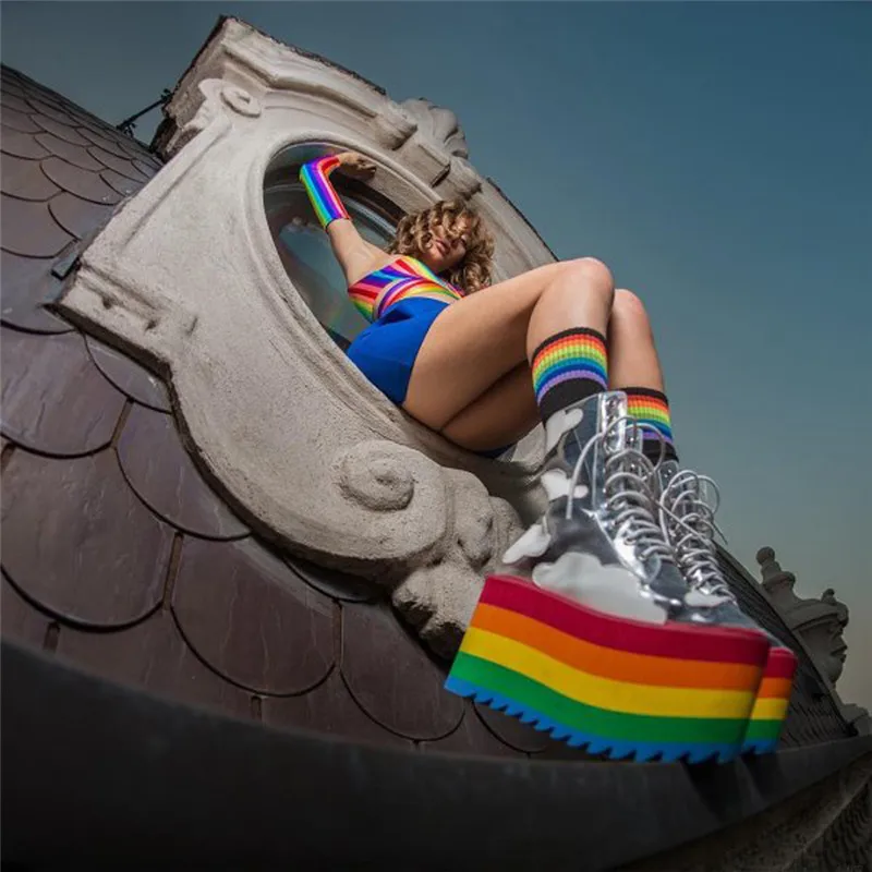 Clear PVC Transparent Lace-Up Rainbow Platform Heels Sandal Boots Cloud Print Comfortable Casual Shoes image 5