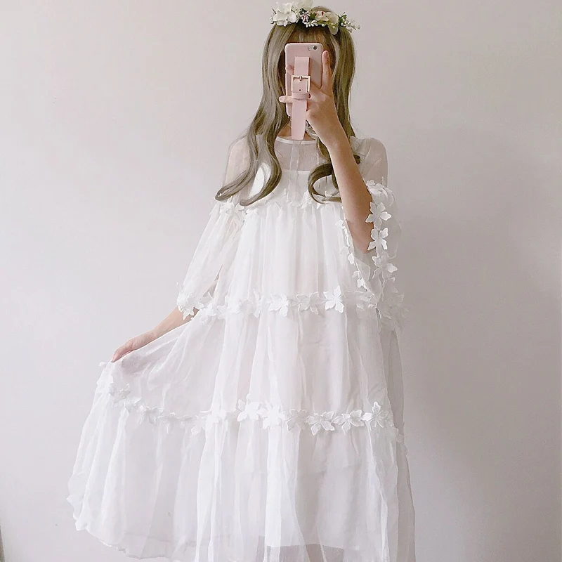 

high quality autumn new Korean version Slim fashion Female white Mesh dress girl long Dress + sling A-Line O-Neck princess dress