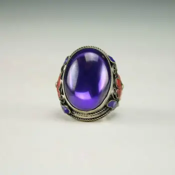 

Elaborate Tibetan Vintage Handwork Silver Inlaid with Purple Zircon and Flower Ring