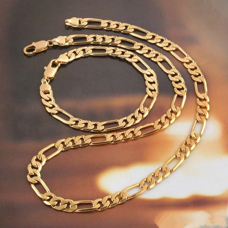 

Mens Womens Jewelry Yellow Gold Filled Necklace & Bracelet Set Figaro Curb Chain Set (24"+8.66")