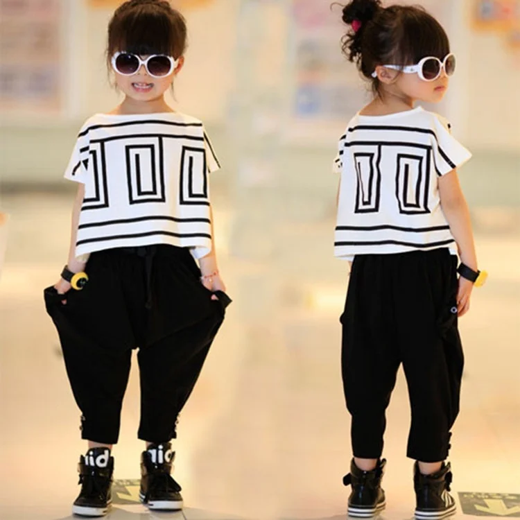 

Children Dance Suits For Girls 2018 Girls Sports Suit Summer Bat Short Sleeve Shirt+Harem Pants Kids Clothes Suits 2pcs/set