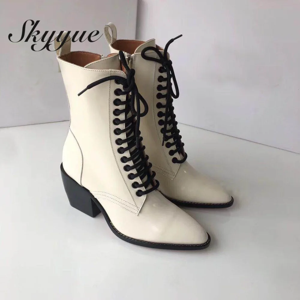 

SKYYUE Top Quality Geneuine Leather Gladiator Lace Up Women Boots Pointed Toe Thick Heel Women Motorcycle Boots Shoes Winter