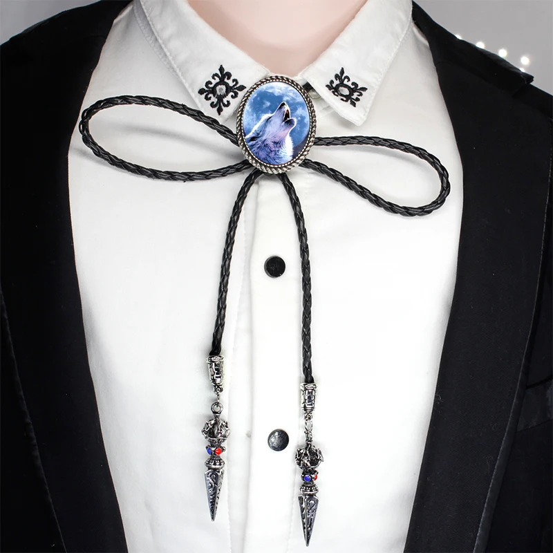 BOLO-0024 New Fairy Howling Wolf Art Oval Bolo Tie Vowboy Hand Craft Slide Western Tie Neck Glass Photo Tie Leather Necklaces - Окраска металла: 2-1