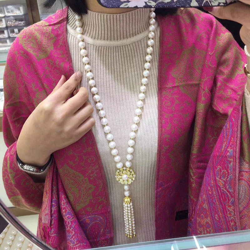 Sinya Tassels fashion Sweater chain Natural pearls Strand long necklace for Women Mum lover gold or white gold color optional  (3)