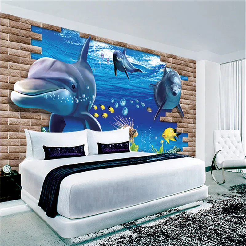 

QINGCHUN Custom 3D Fabric &Textile Wallcoverings For Walls Cloth Matt Silk For Living Room Ocean Animal Brick Scenery Dolphin