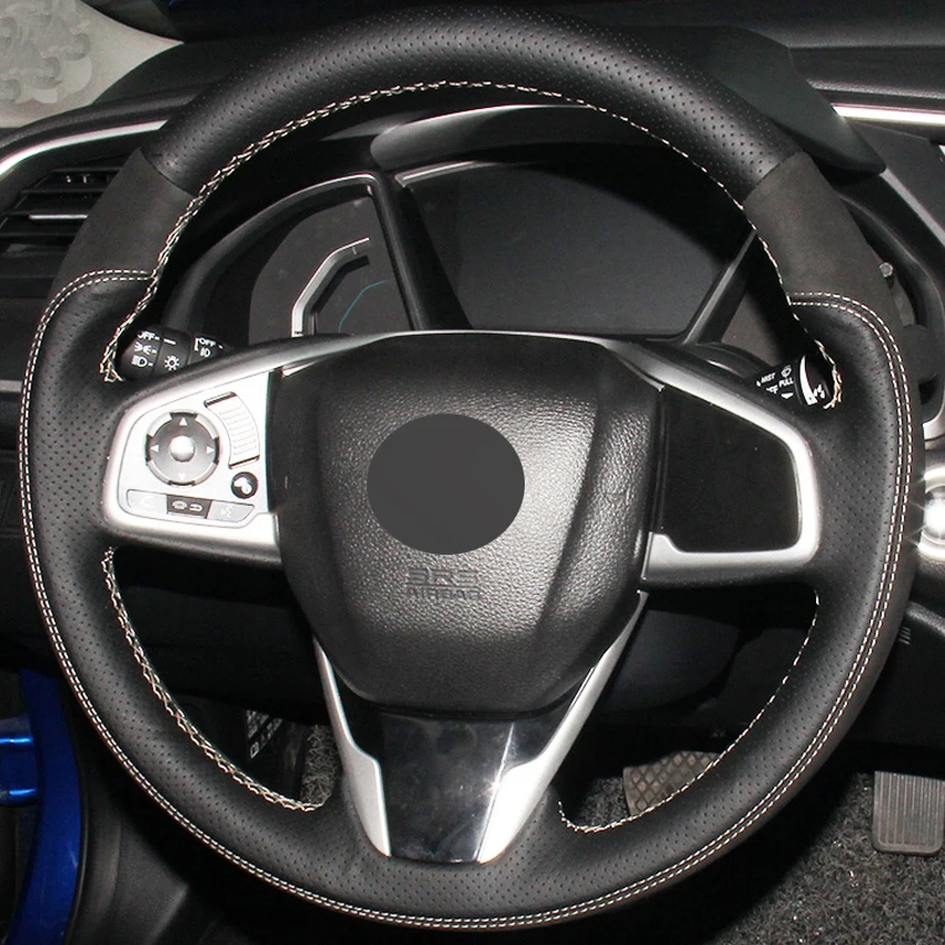 

DIY Hand-stitched Car Steering Wheel Cover Black Genuine Leather Suede for Honda Civic Civic 10 2016