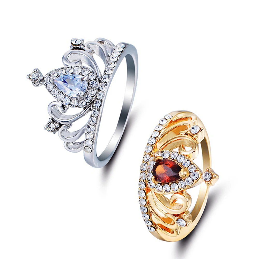 Fashion Waterdrop Shape Rhinestone Crown Finger Ring Bridal Jewelry