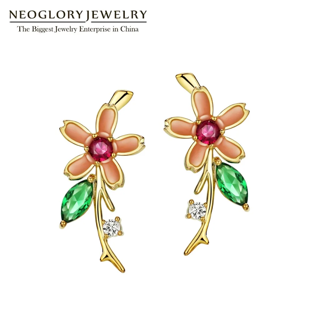 Neoglory Colorful Flower Zirconia Earring Enamel Stud Earrings for Women Simple Fashion Jewelry New Birthday Mother Gift | Украшения и