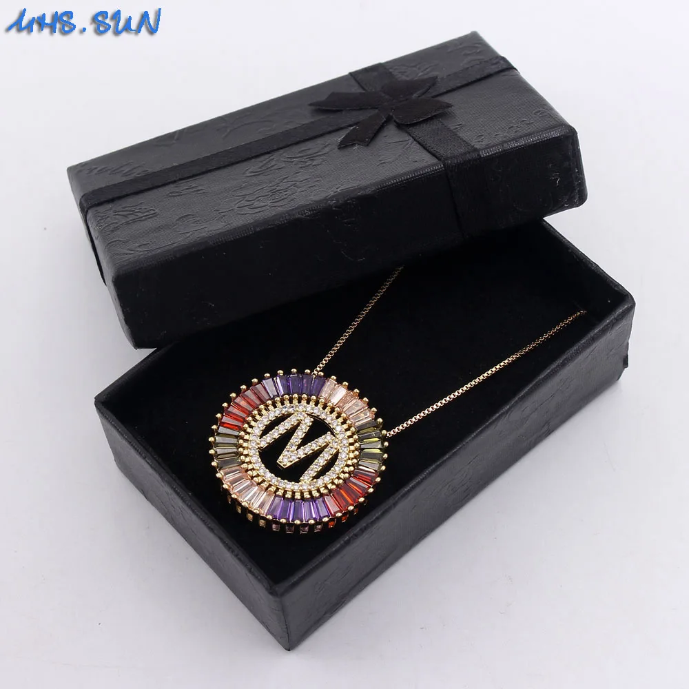 MHS. SUN новейшее золотое ожерелье с подвеской 26 букв, цепочки с буквами, ожерелье с цветными Фианитами, ювелирные изделия для женщин, Рождественский подарок