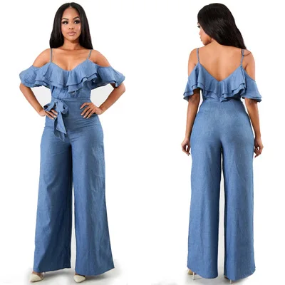 

Women Sexy Spaghetti Straps Ruffled Denim Bodysuits Wide Legs Jumpsuit Playsuit