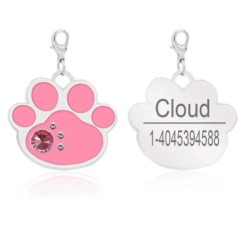 pink paw Белый K из нержавеющей стали Кристалл Персонализированные Собаки ID Tag аксессуары для домашних животных, собак изготовленные на заказ Стразы Кость лапа форма имя бирка - Цвет: pink paw