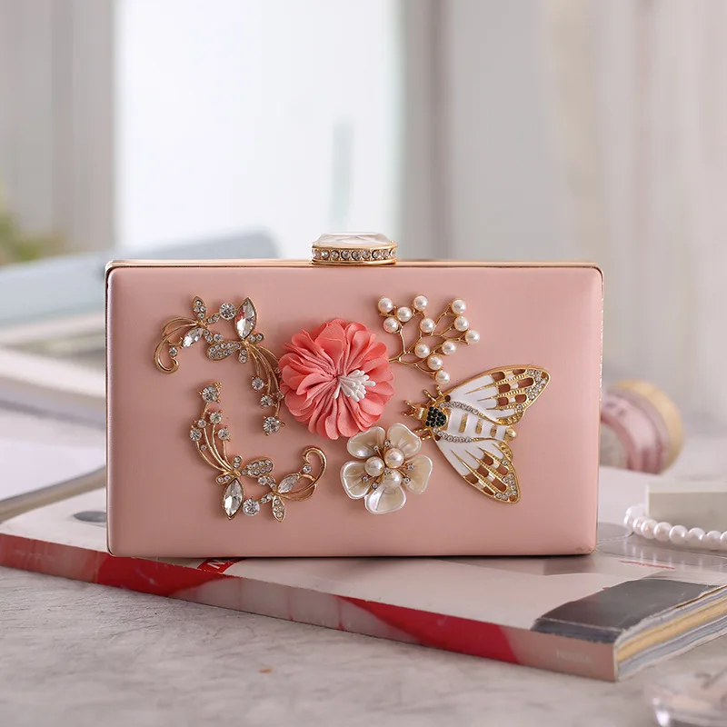 Elegante Frauen Kristall Perle Perlen 3D Blume Schmetterling Kleine Tag Kupplungen Zarte Kette Abend Taschen Chic Handtaschen und Geldbörsen