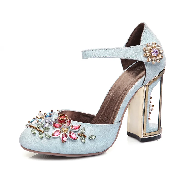 WETKISS/; обувь из плюша с цветочным узором в стиле ретро; женские туфли-лодочки; роскошные женские винтажные туфли-лодочки на высоком каблуке с вырезами и кристаллами; большие размеры - Цвет: Синий